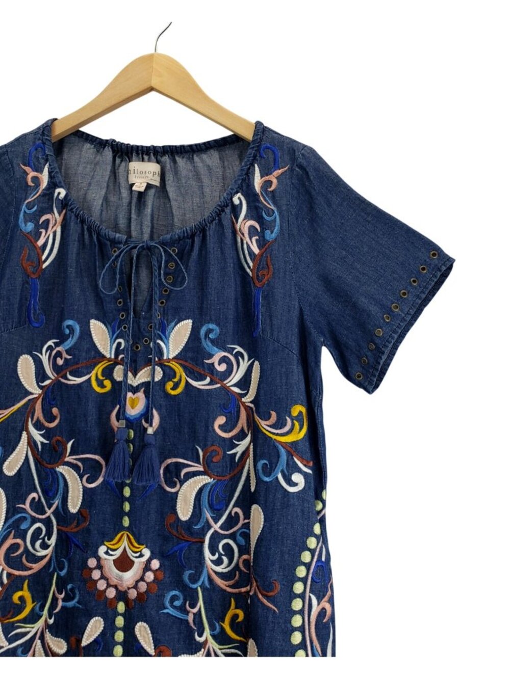 Philosophy Boho Chambray Dress S Blue Floral Embroidery Peasant Tassel Gromets - Picture 5 of 15